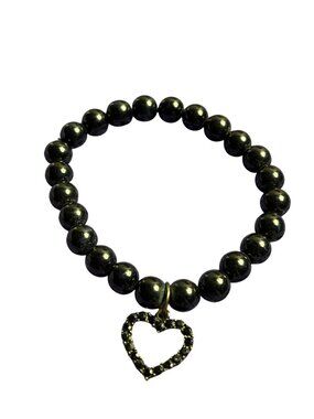 Black Plastic Beaded Stretchy Bracelet With Rhinestone Heart Charm
